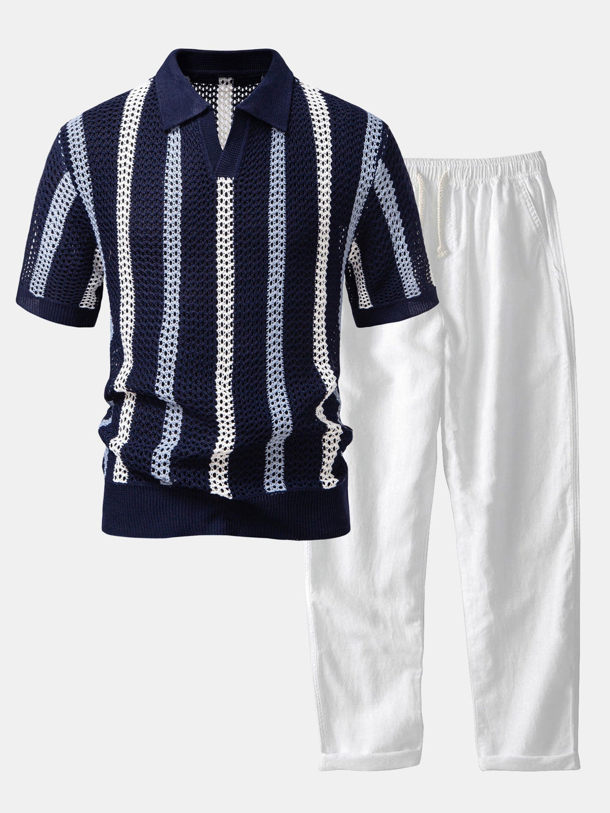 Ensemble polo maille ajourée rayé et pantalon en lin homme – Nuits