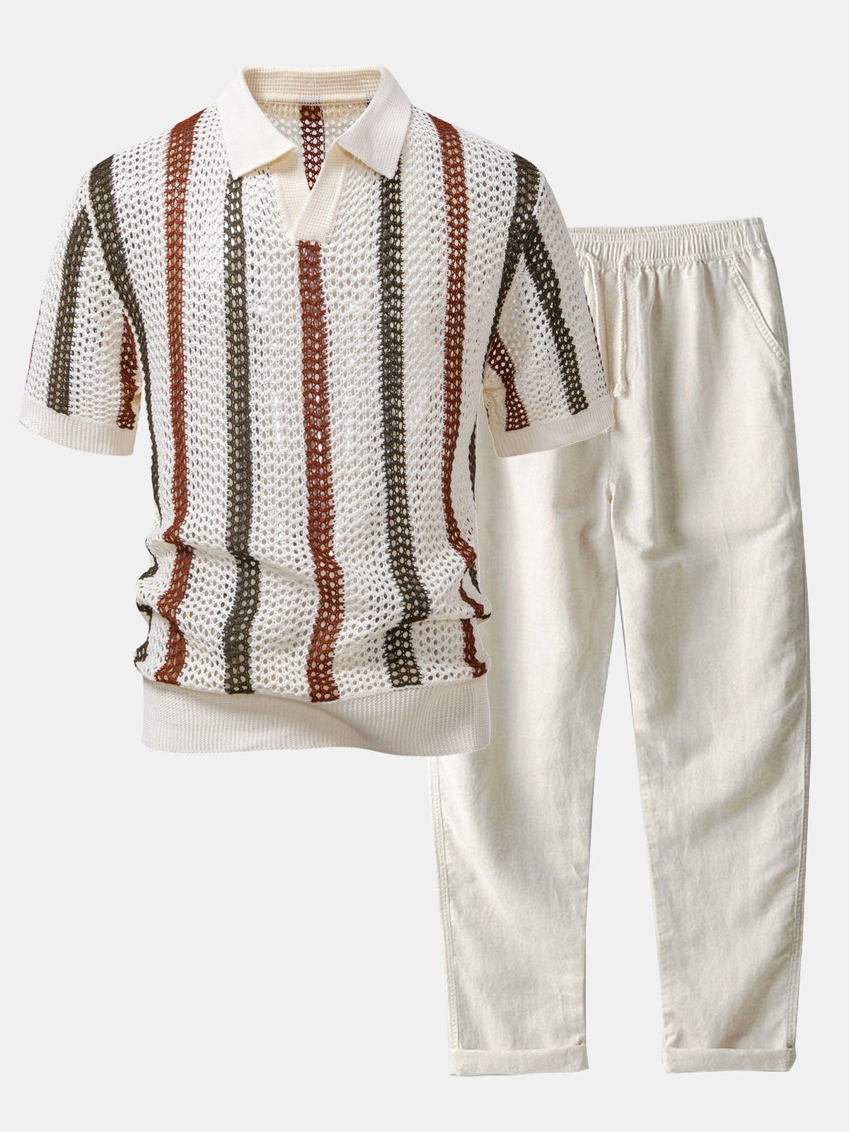 Ensemble polo maille ajourée rayé et pantalon en lin homme – Nuits