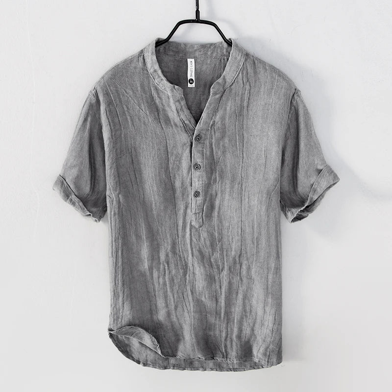 Chemise en lin col henley manches courtes au chic discret homme – Nice-Cimiez
