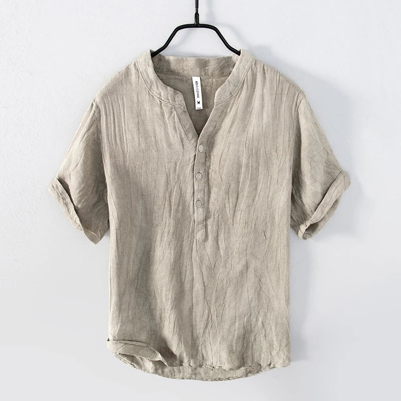 Chemise en lin col henley manches courtes au chic discret homme – Nice-Cimiez
