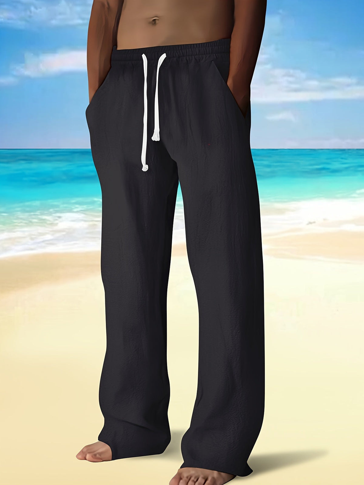 Pantalon droit aspect lin à cordon