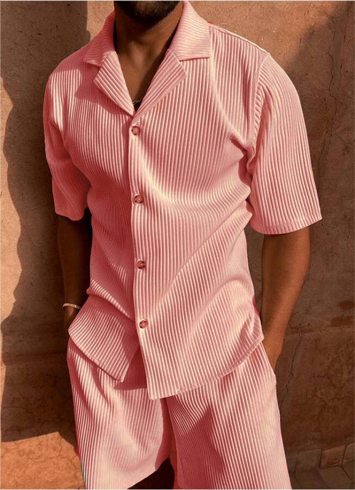 Ensemble chemise légère et short assorti détente et été homme – Rose