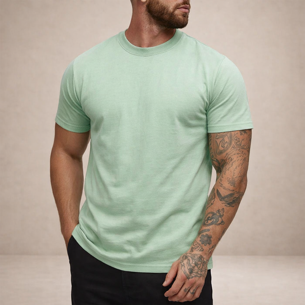T-shirt en coton col rond coupe slim essentiel minimaliste homme – Vert clair