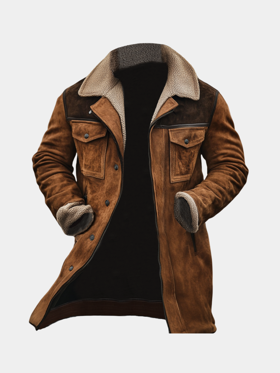 Manteau long aspect daim col peluche