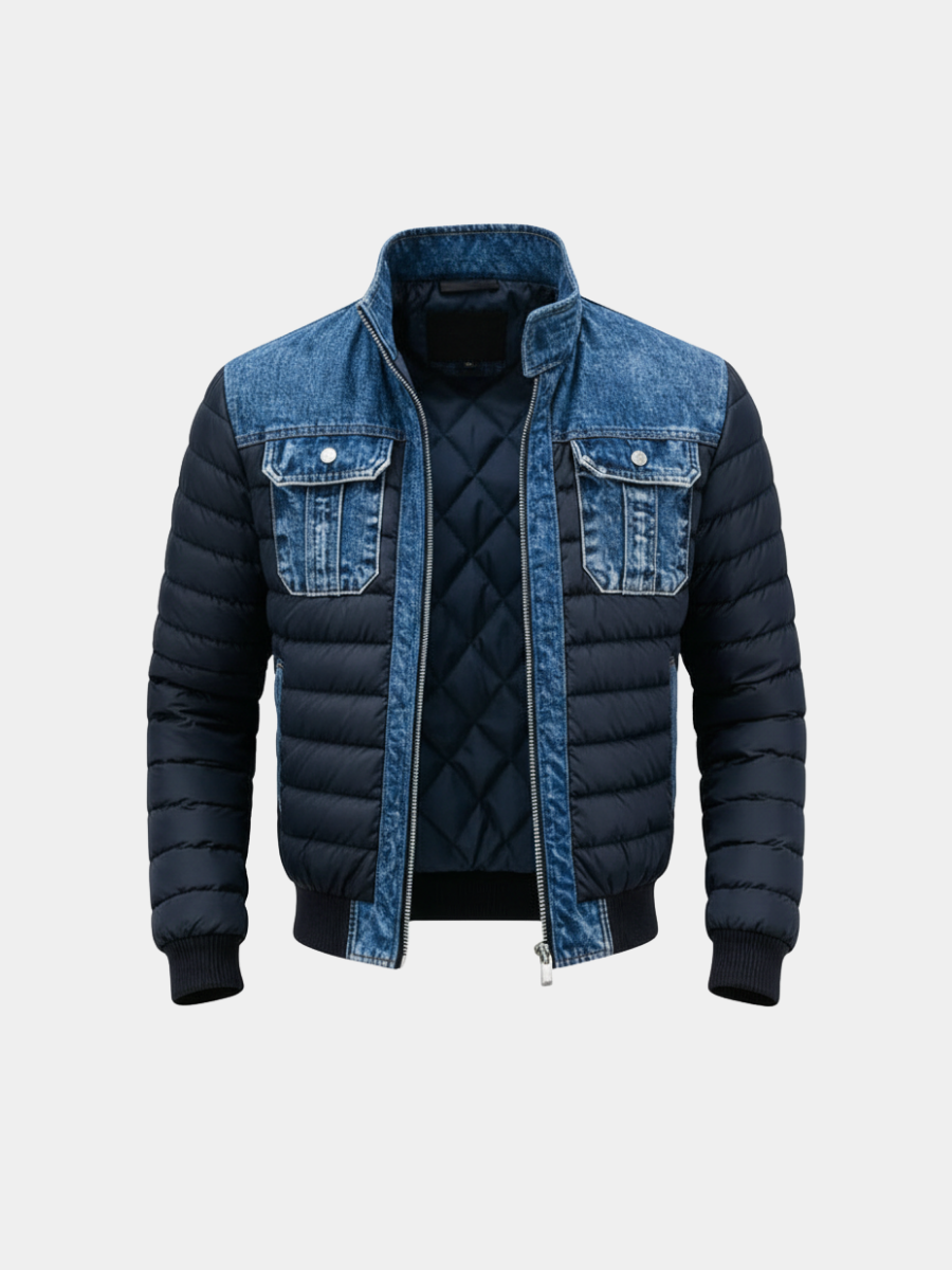 Veste matelassée bleu marine empiècements denim