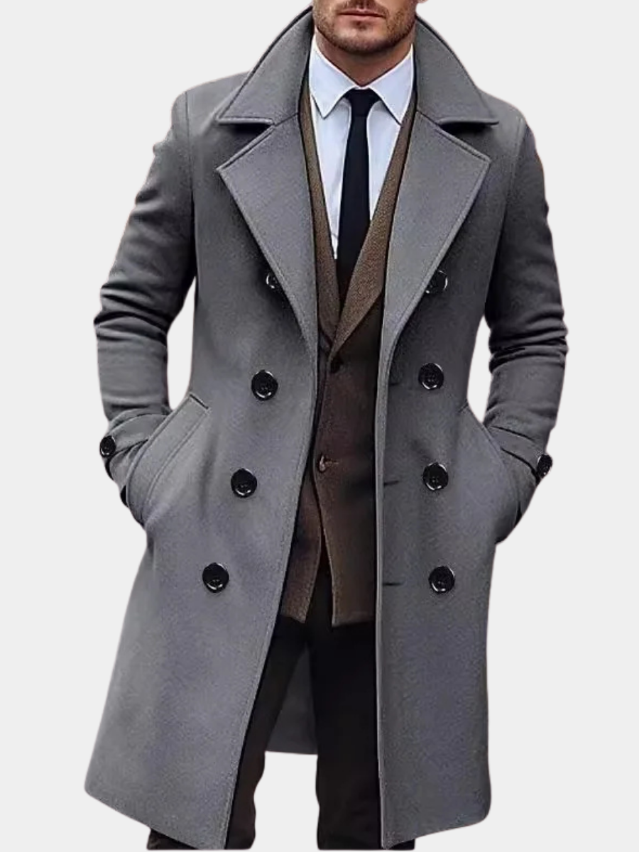 Manteau long croisé à revers crantés