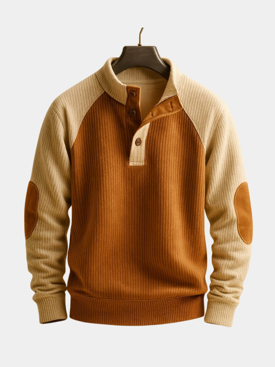 Pull côtelé à col boutonné et coudières
