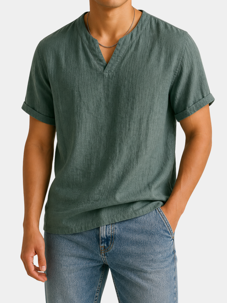 Chemise aspect lin col V manches courtes