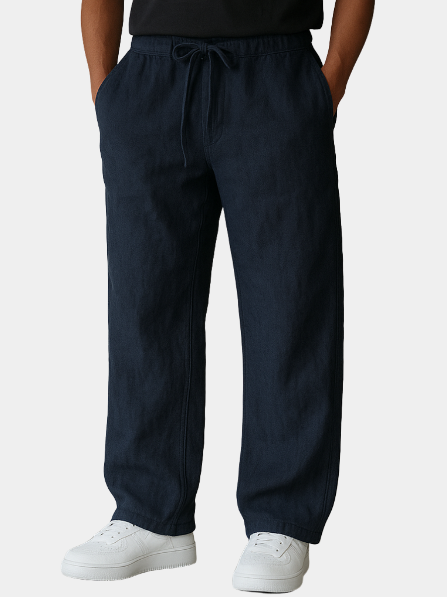 Pantalon aspect lin bleu marine à cordon