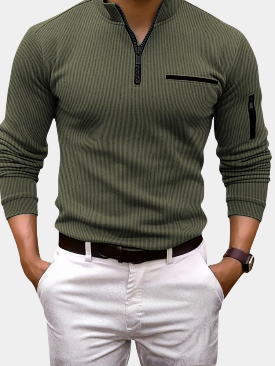Pull côtelé col montant demi-zip