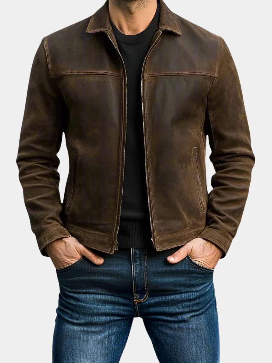 Veste zippée aspect daim col chemise