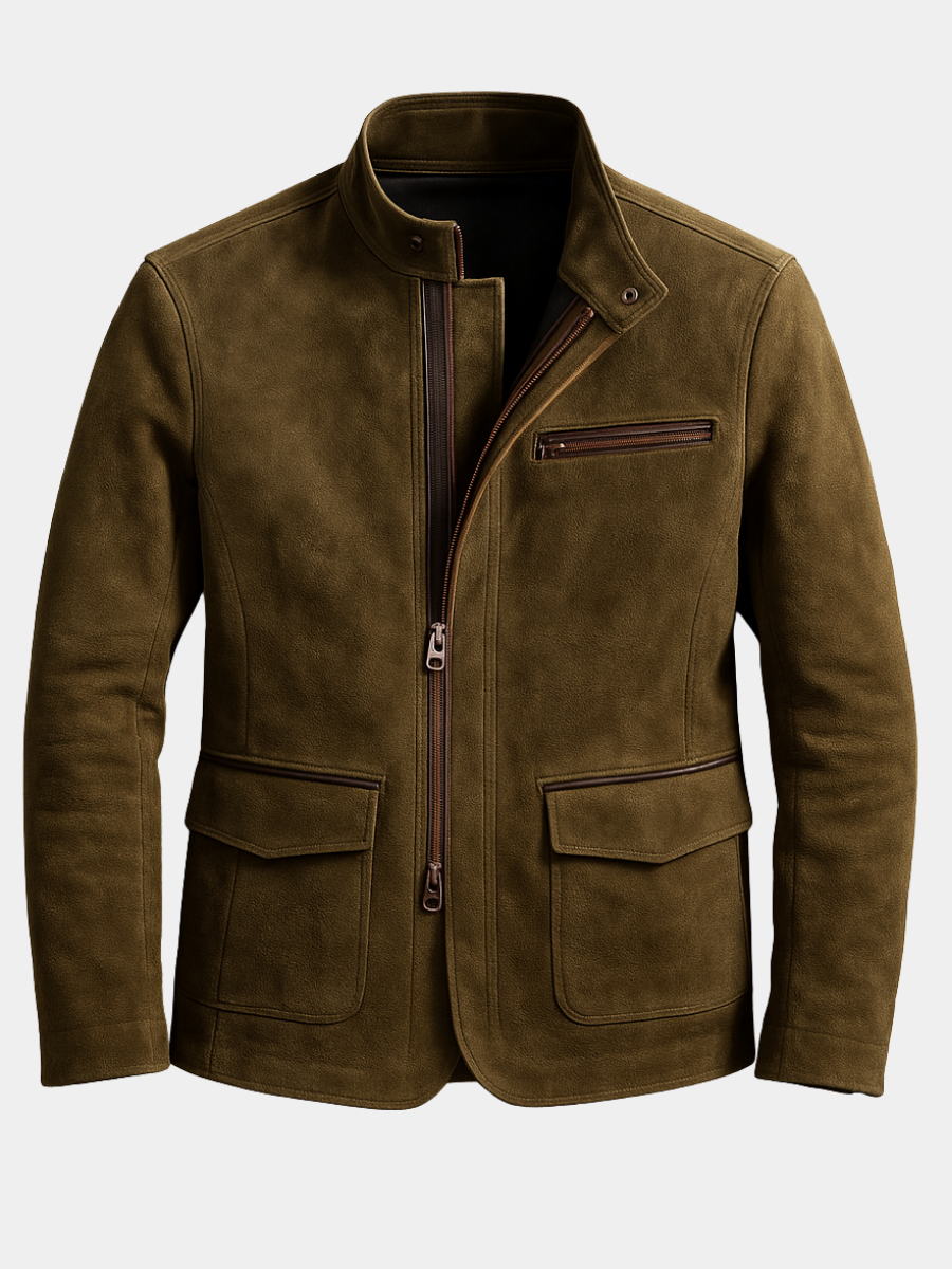 Veste aspect daim zippée col montant