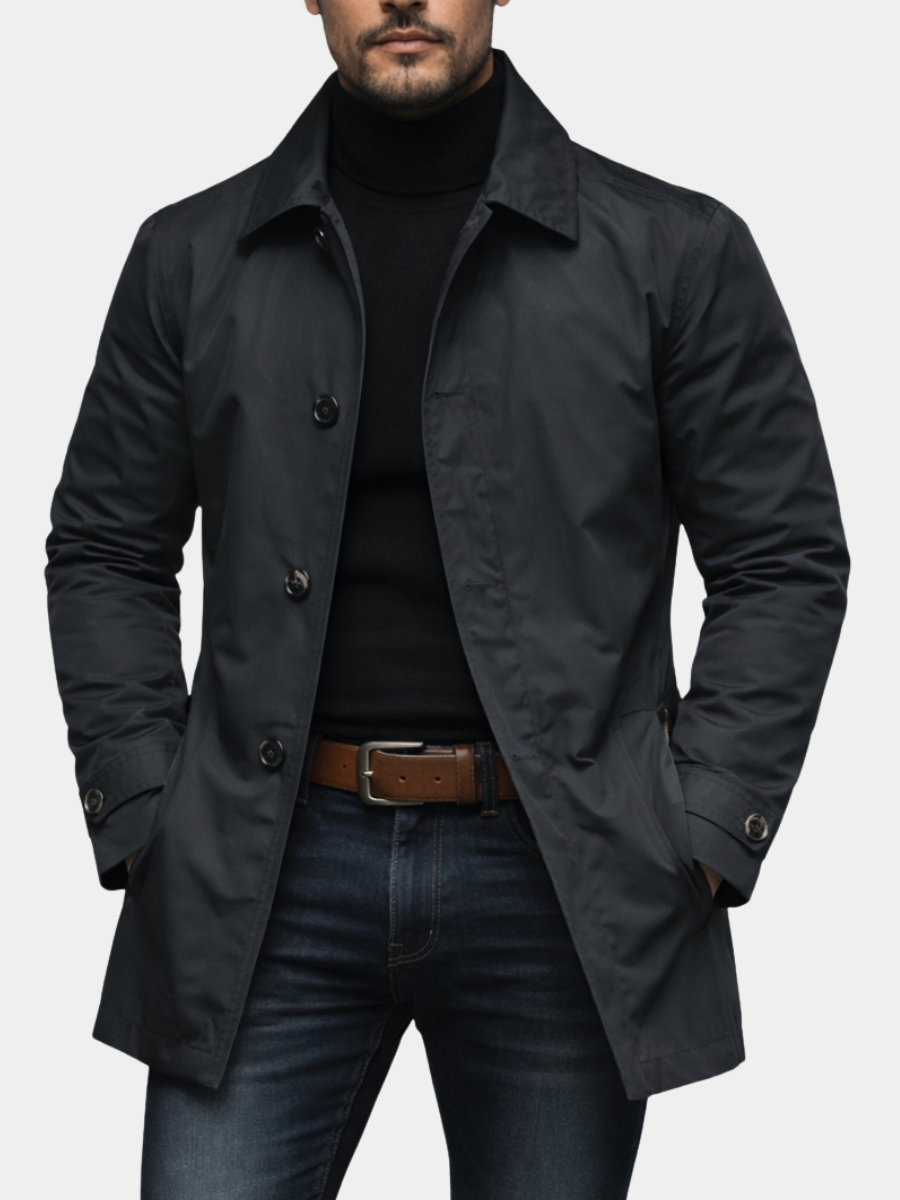 Manteau mi-long boutonné col chemise noir