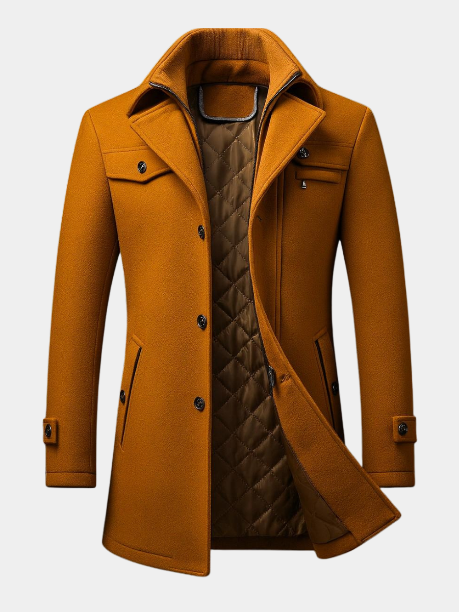 Manteau mi-long aspect lainage homme coloris marron, vue de face ouvert sur la doublure matelassée