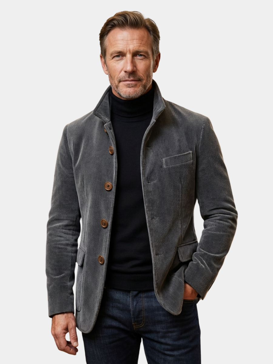 Veste boutonnée aspect velours côtelé grise