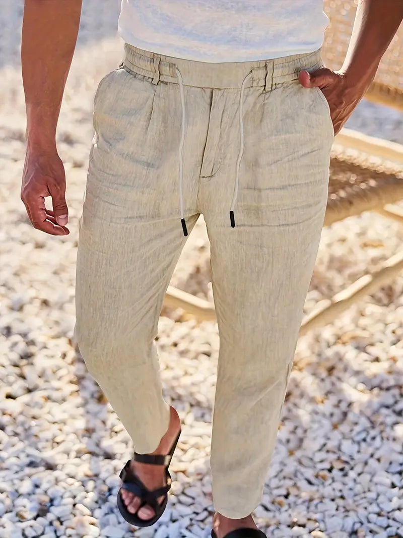 Pantalon large aspect lin à cordon
