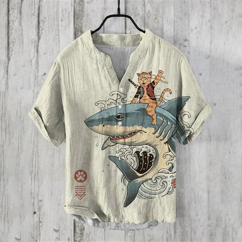 Chemise en lin et coton imprimé artistique légère et respirante homme – Pirou