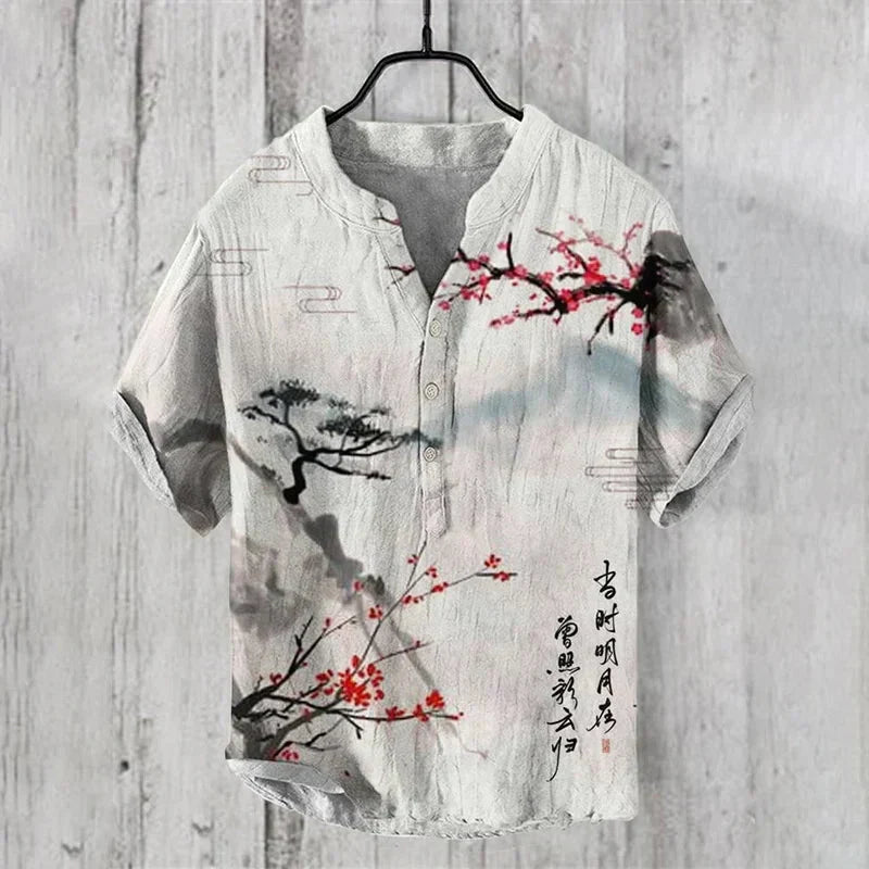 Chemise en lin et coton imprimé artistique légère et respirante homme – Pirou