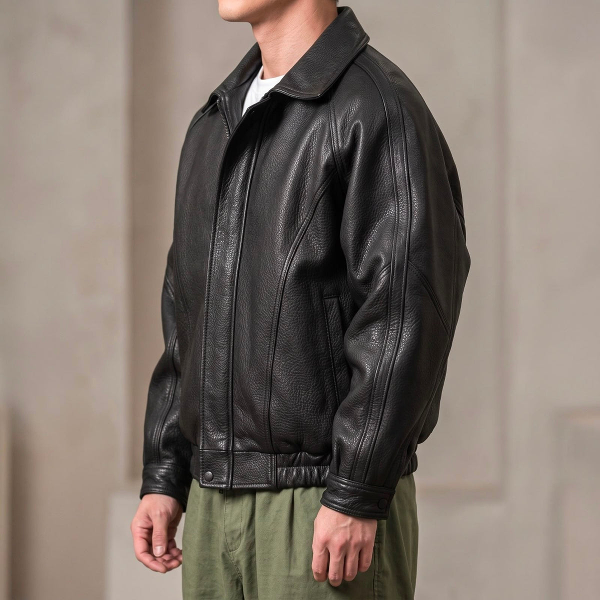 Veste zippée en cuir à col structuré mi-saison homme – Georges-V