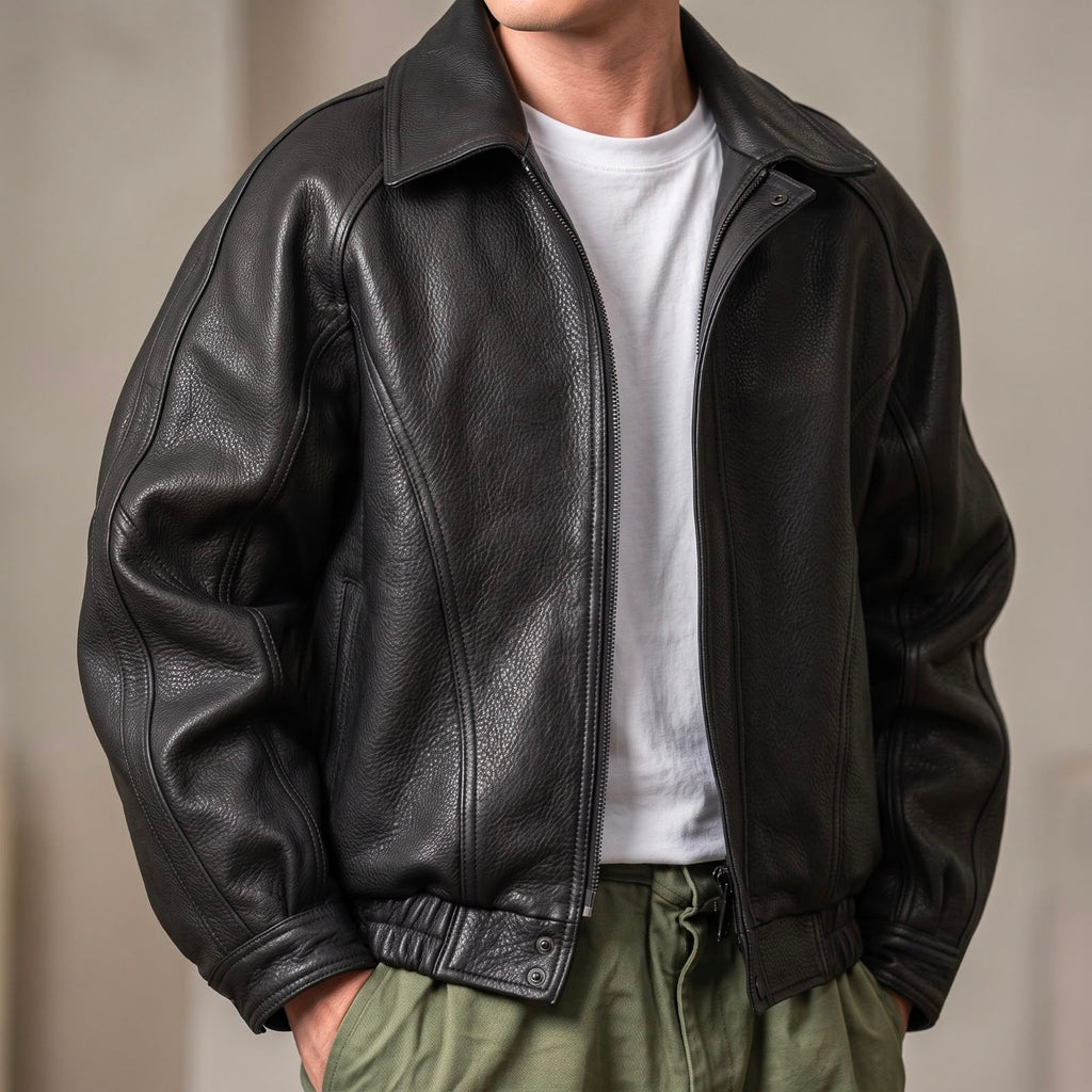 Veste zippée en cuir à col structuré mi-saison homme – Georges-V