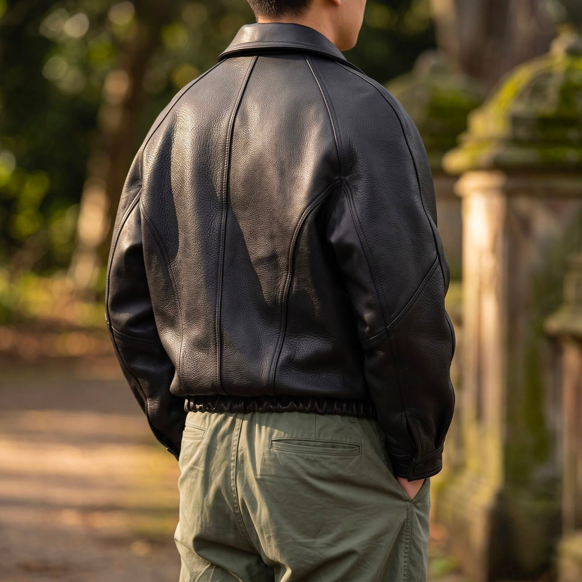 Veste zippée en cuir à col structuré mi-saison homme – Georges-V
