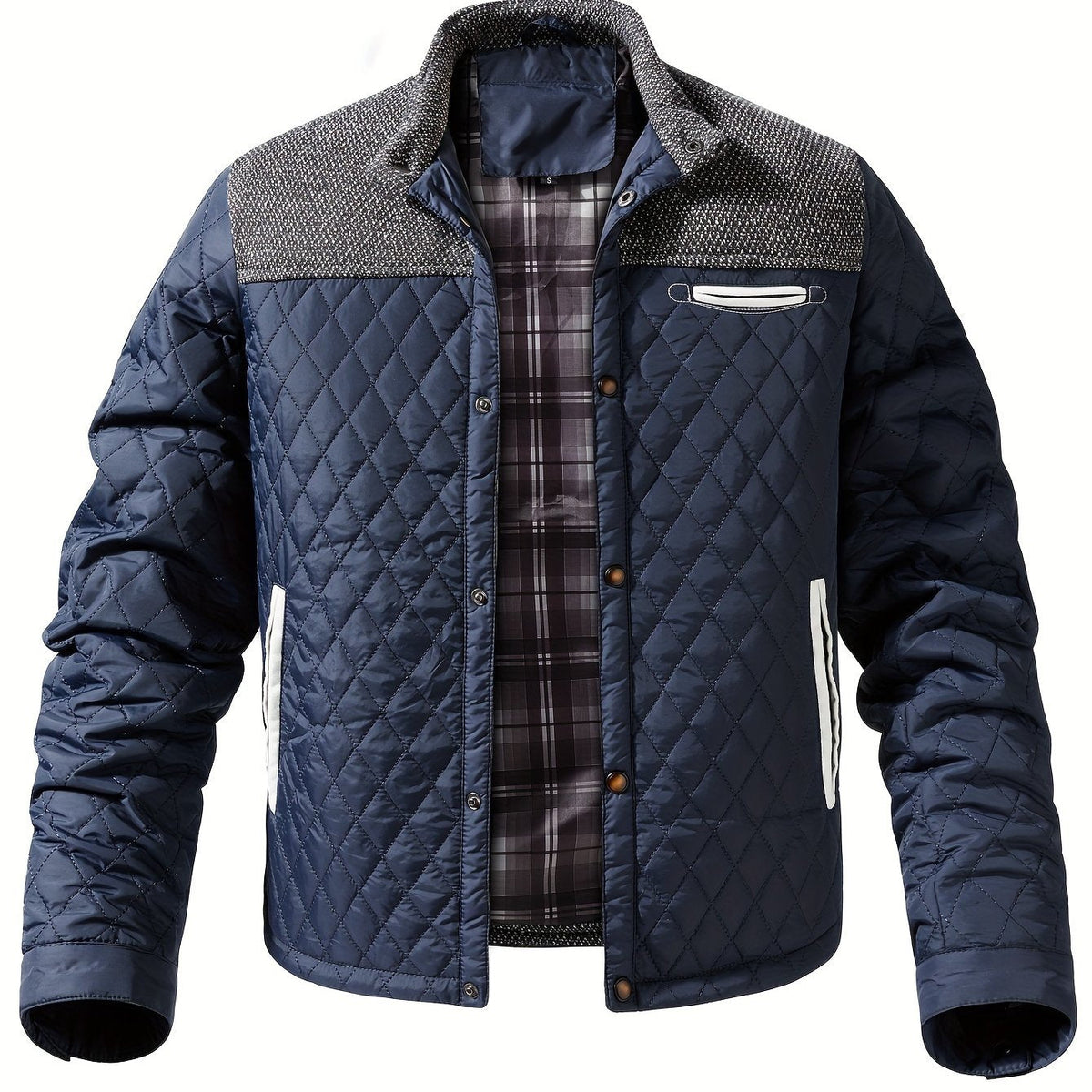 Doudoune courte matelassée col montant empiècements tricot passepoils contrastants homme – Bleu marine