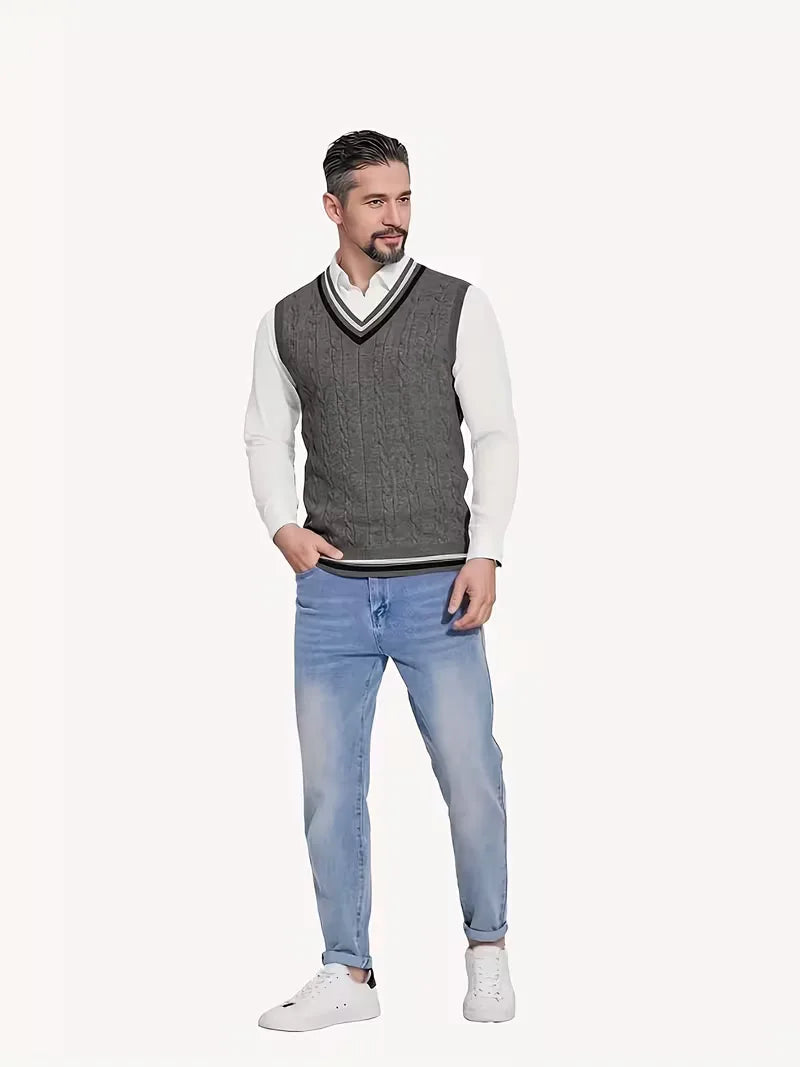 Gilet sans manches torsadé à col V bicolore en maille classique homme – Albi