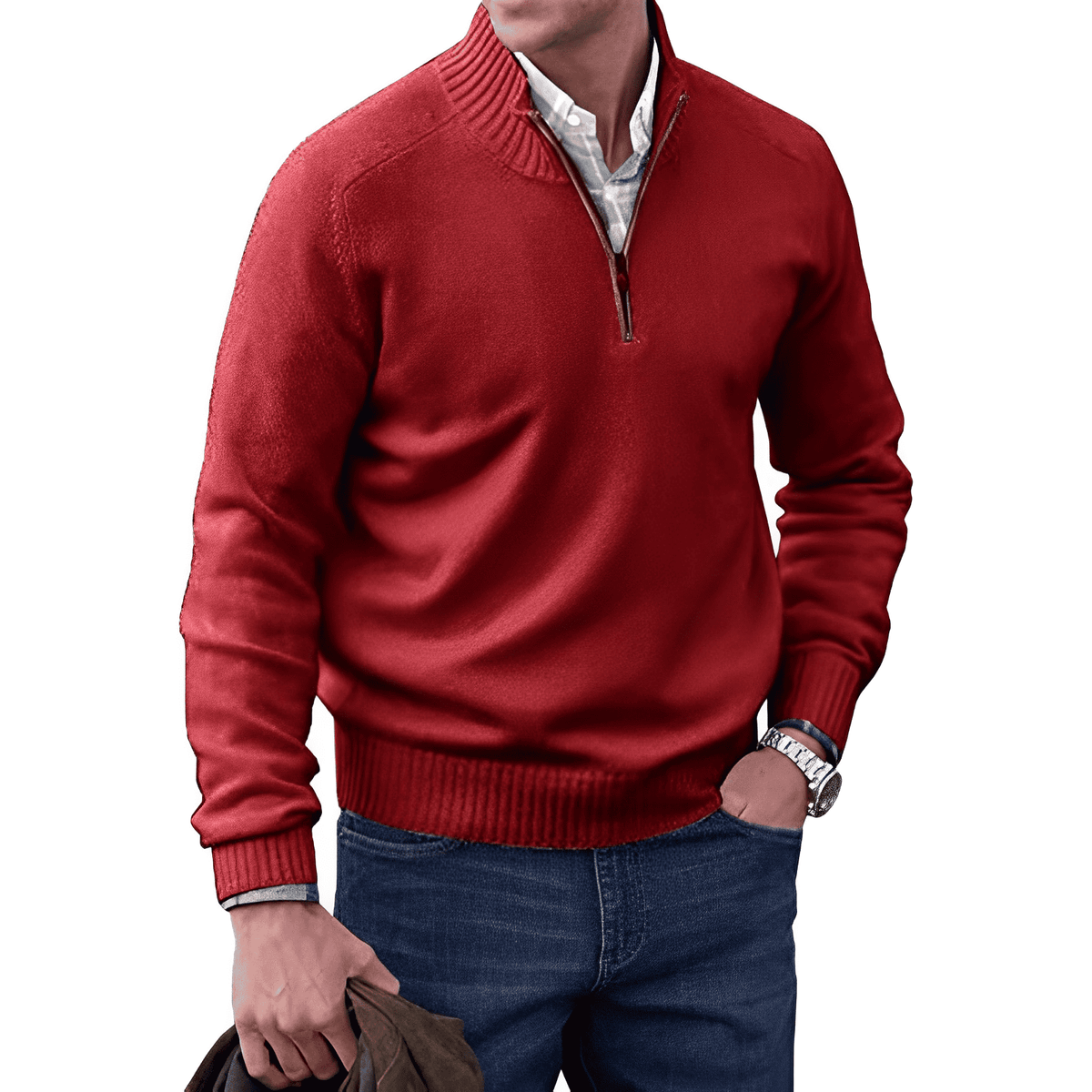 Pull zippé en maille cachemire col montant homme – Rouge