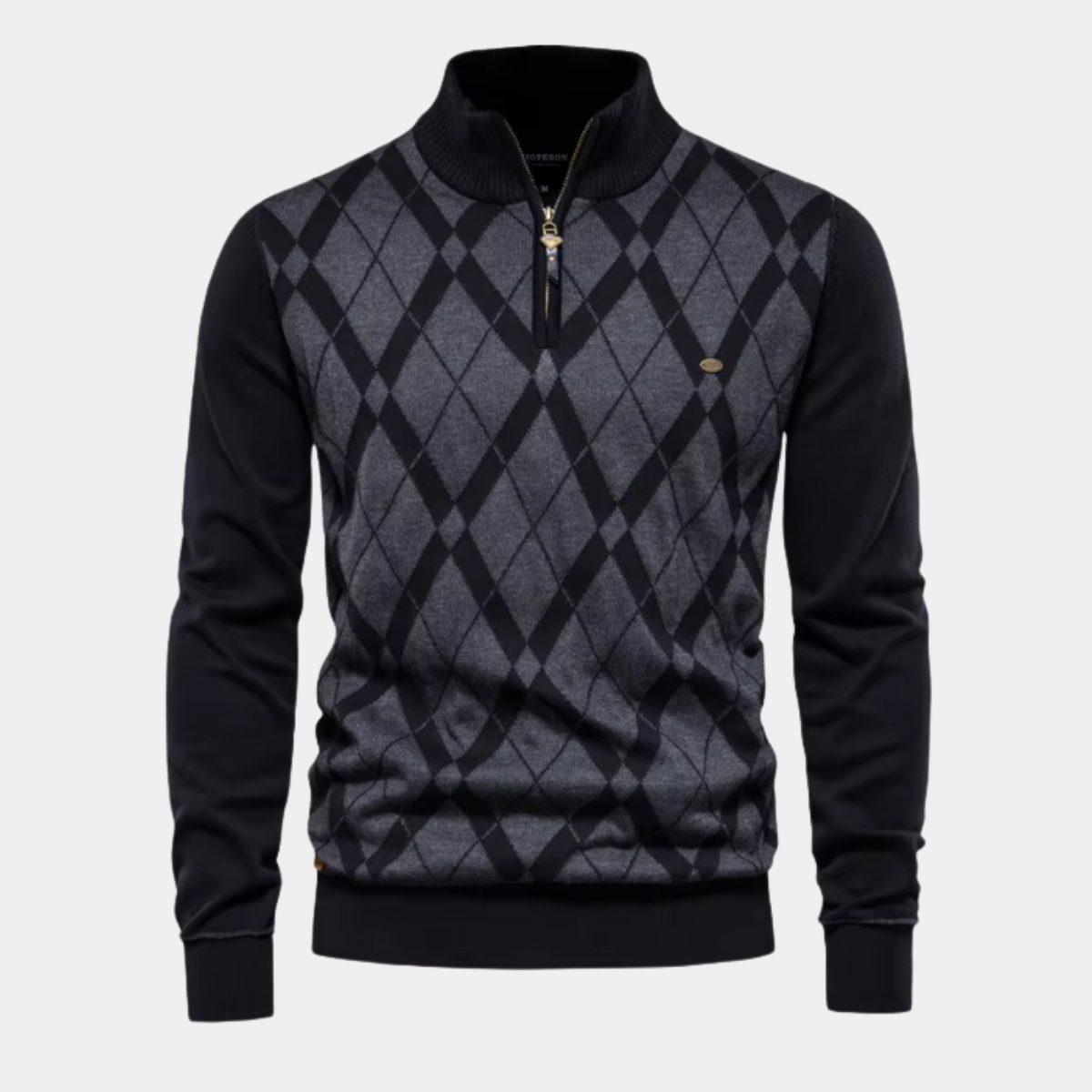 Pull demi-zip motif losanges bleu