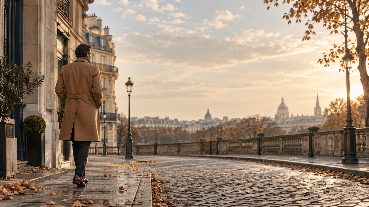 Homme en manteau camel sur un quai parisien en automne