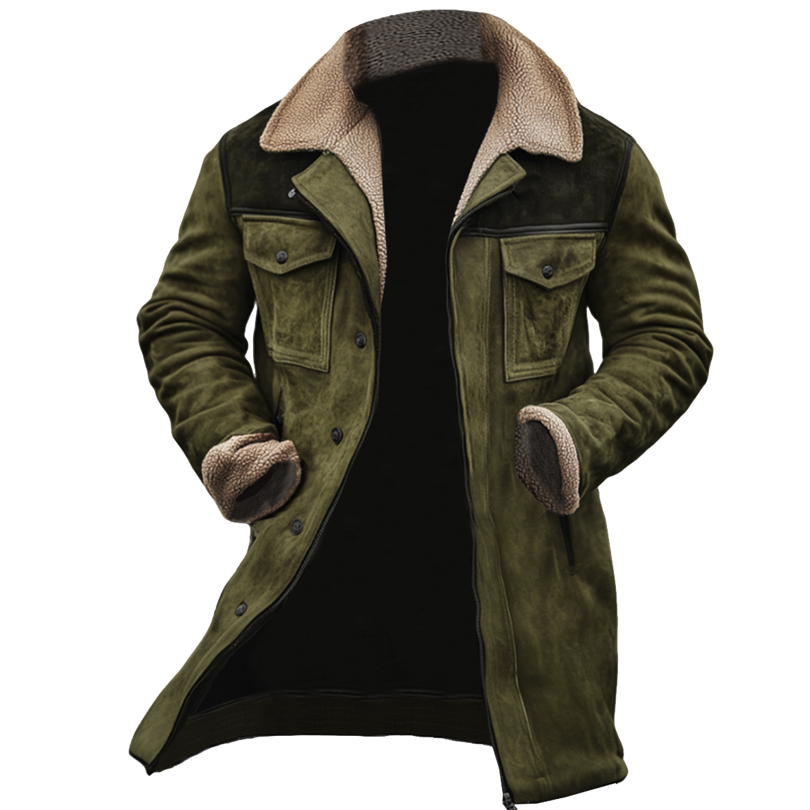 Manteau long aspect daim col peluche