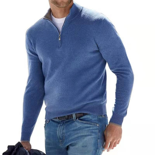 Pull en laine mérinos à col montant zippé douceur raffinée homme – Bleu
