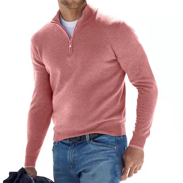 Pull en laine mérinos à col montant zippé douceur raffinée homme – Rose