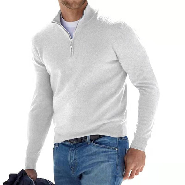 Pull en laine mérinos à col montant zippé douceur raffinée homme – Blanc