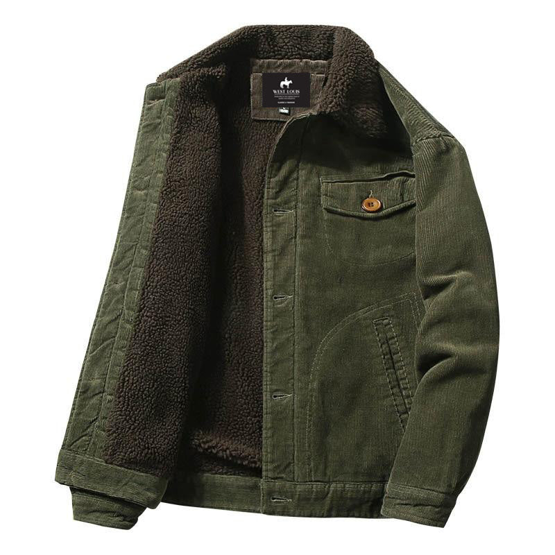 Veste en velours côtelé col en fausse fourrure doublure chaude automne-hiver homme – Vert militaire