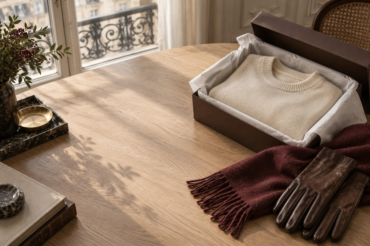 Pull en maille crème plié dans une boîte, écharpe bordeaux et gants en cuir