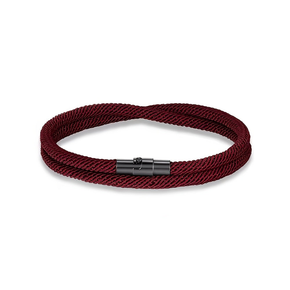 Bracelet tressé double tour fermoir cylindrique homme – Rouge foncé