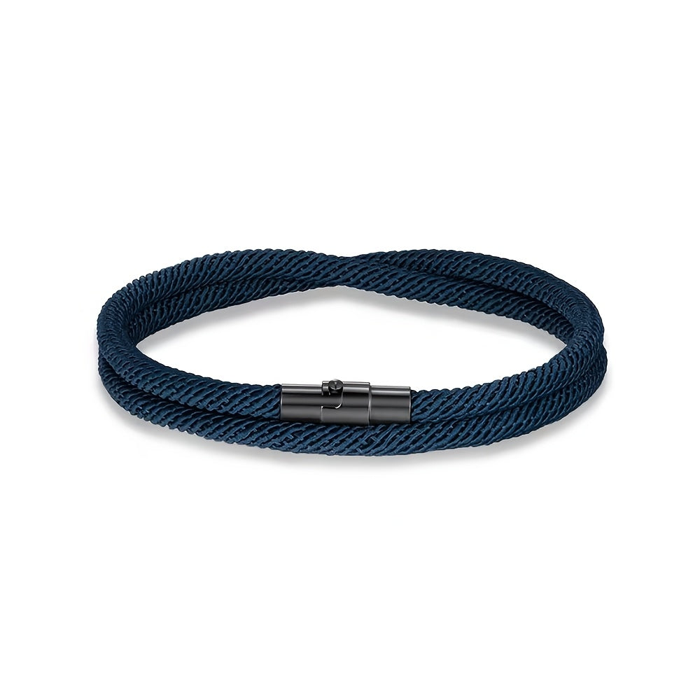 Bracelet tressé double tour fermoir cylindrique homme – Bleu foncé
