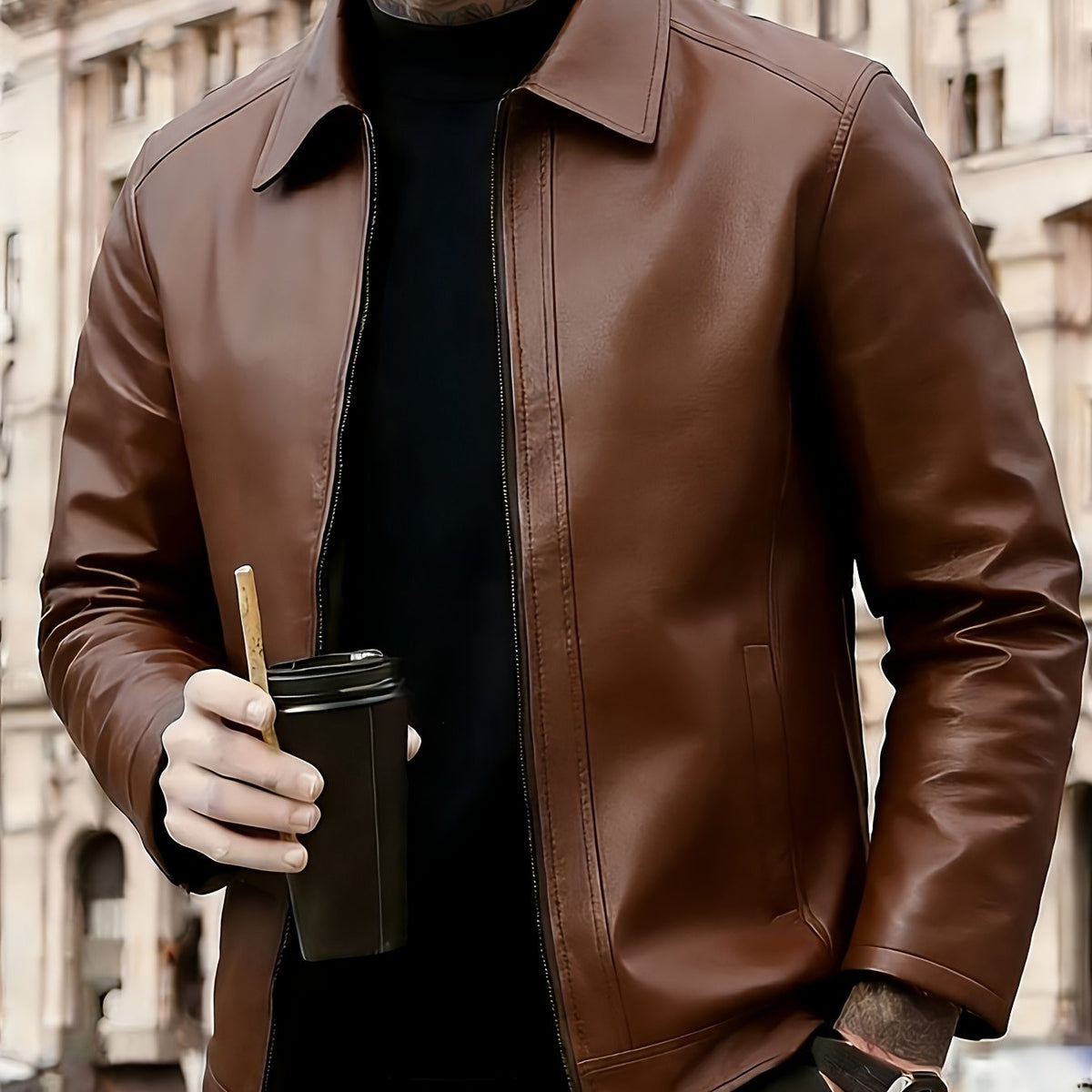 Blouson effet cuir col rond zippé