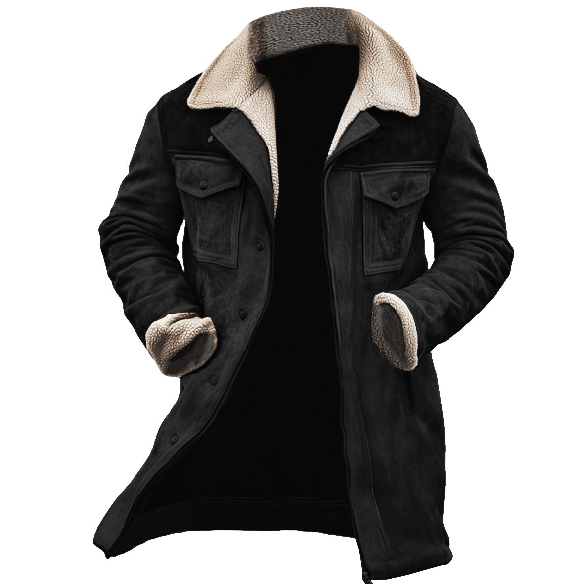 Manteau long aspect daim col peluche