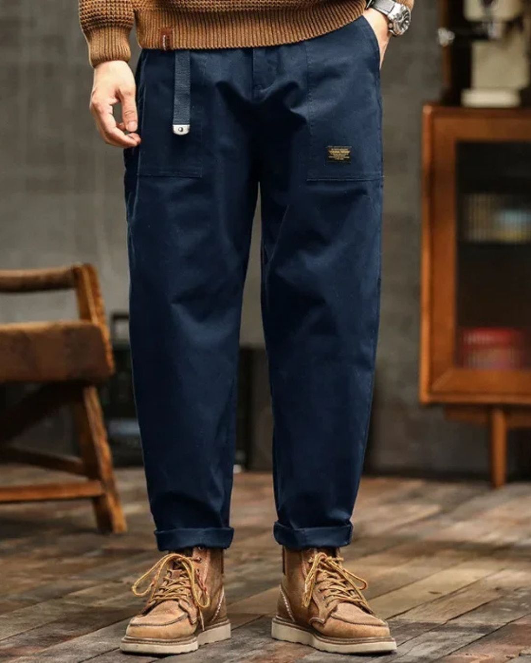 Pantalon cargo bleu coupe droite à poches plaquées pour homme – Montorgueil