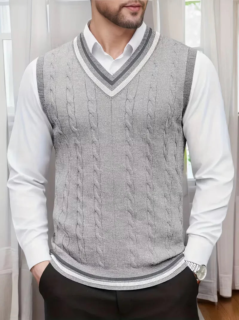 Gilet sans manches torsadé à col V bicolore en maille classique homme – Gris clair