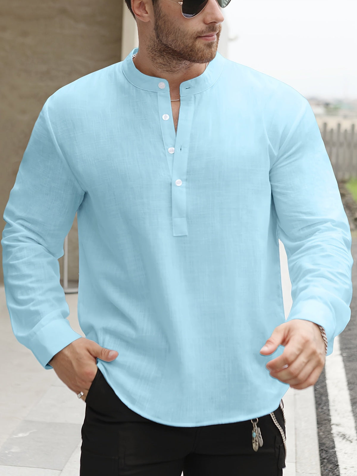 Chemise manches longues encolure tunisienne aspect lin