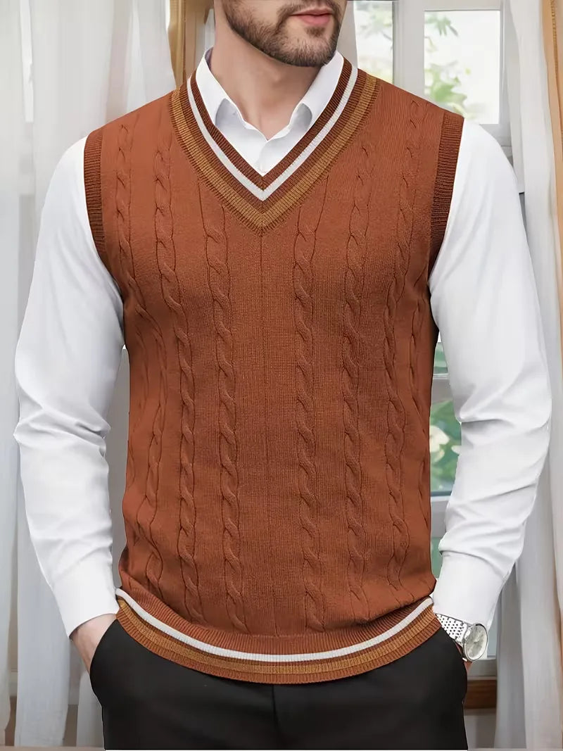 Gilet sans manches torsadé à col V bicolore en maille classique homme – Marron clair
