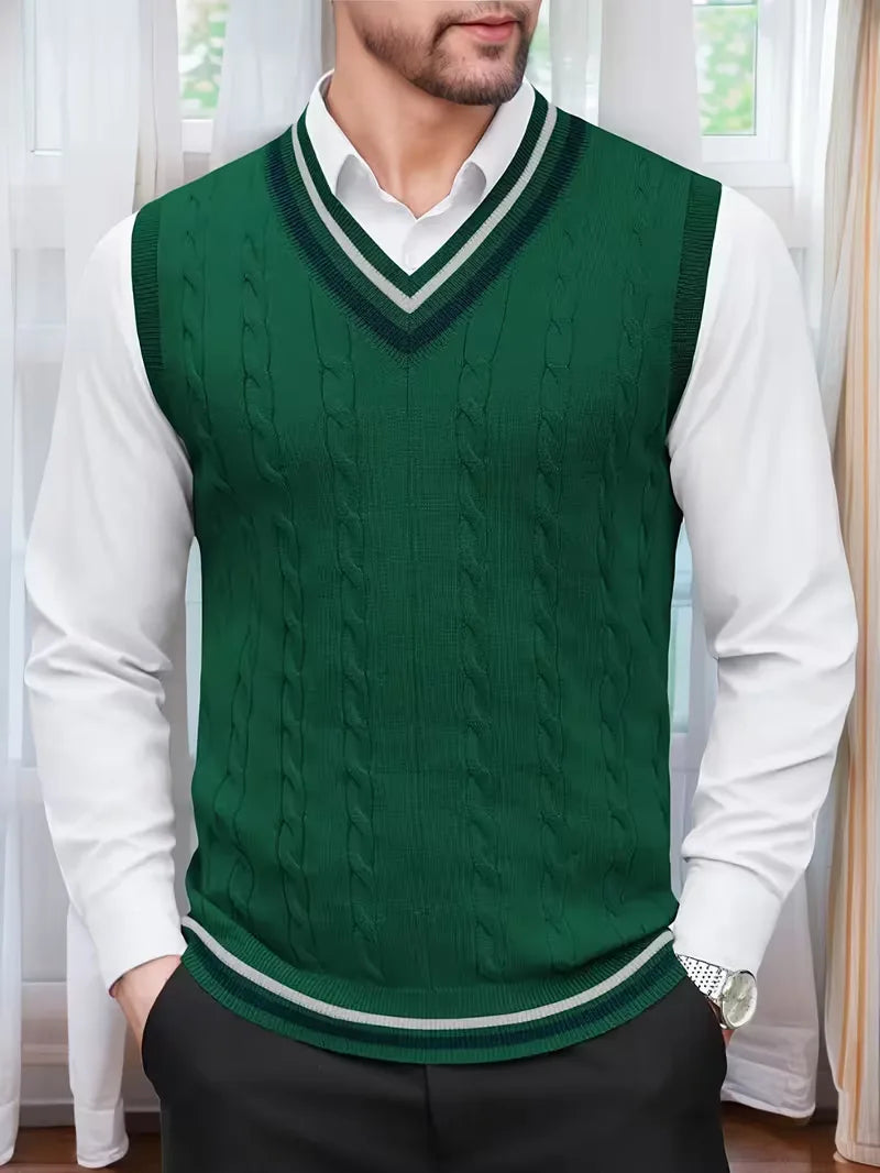 Gilet sans manches torsadé à col V bicolore en maille classique homme – Vert foncé