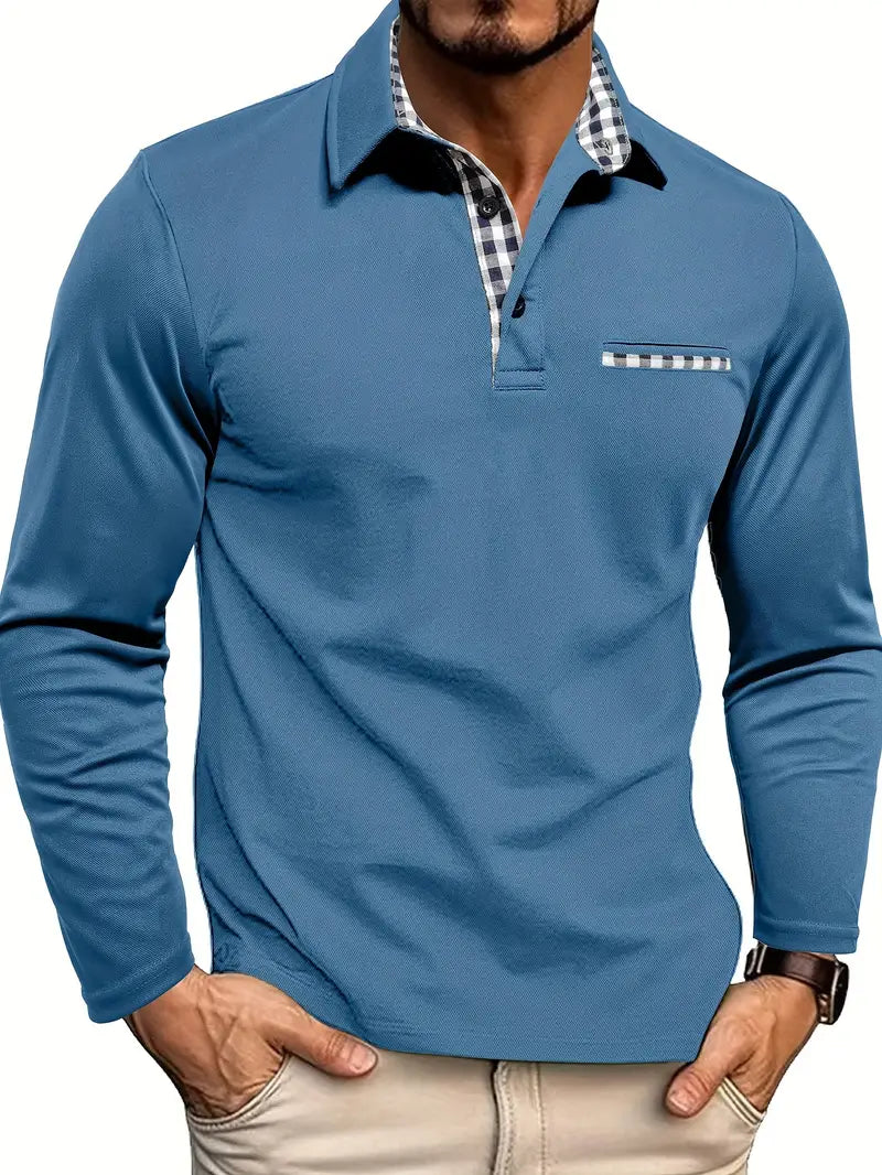Polo à manches longues bleu à col et poche vichy – Bercy