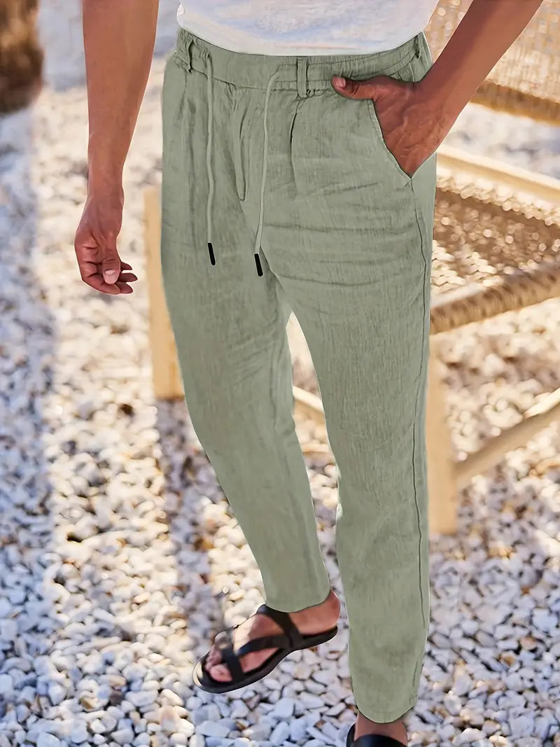 Pantalon large aspect lin à cordon