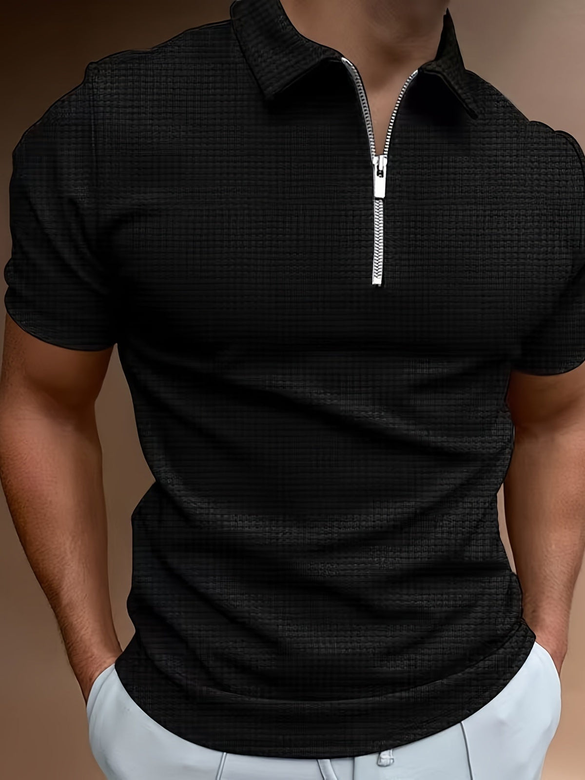 Polo zippé manches courtes maille texturée