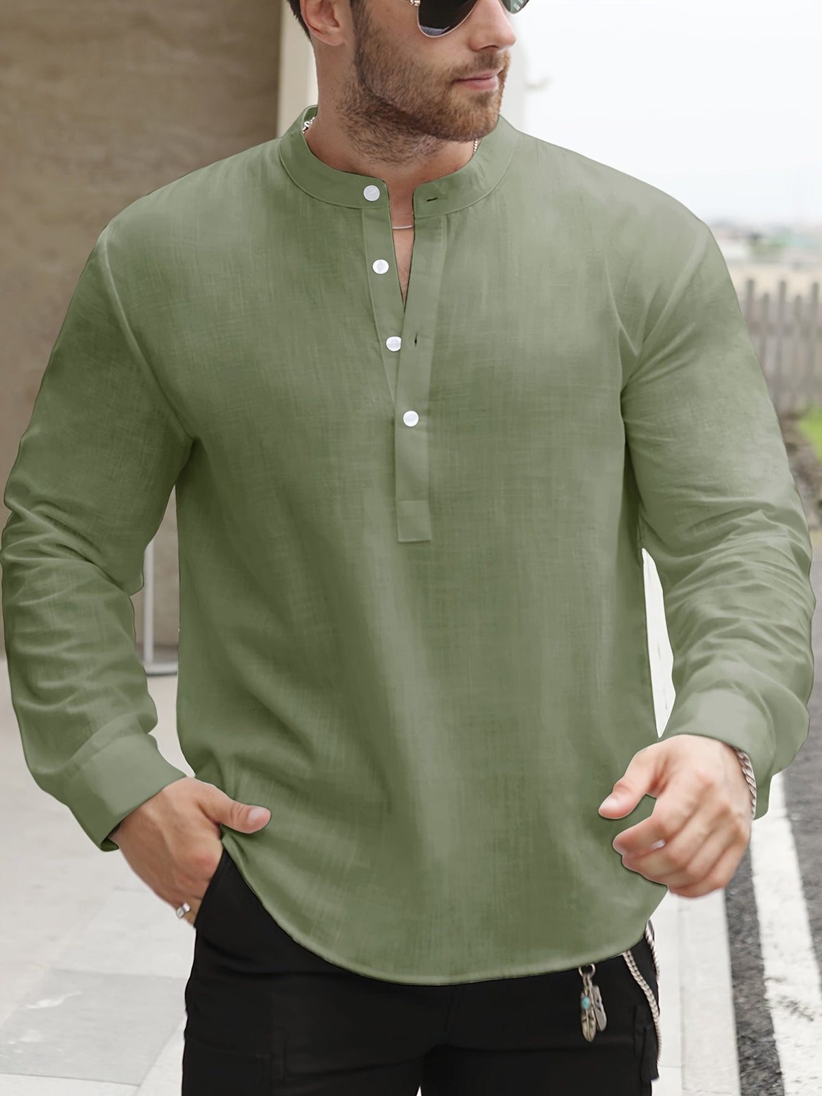 Chemise manches longues encolure tunisienne aspect lin