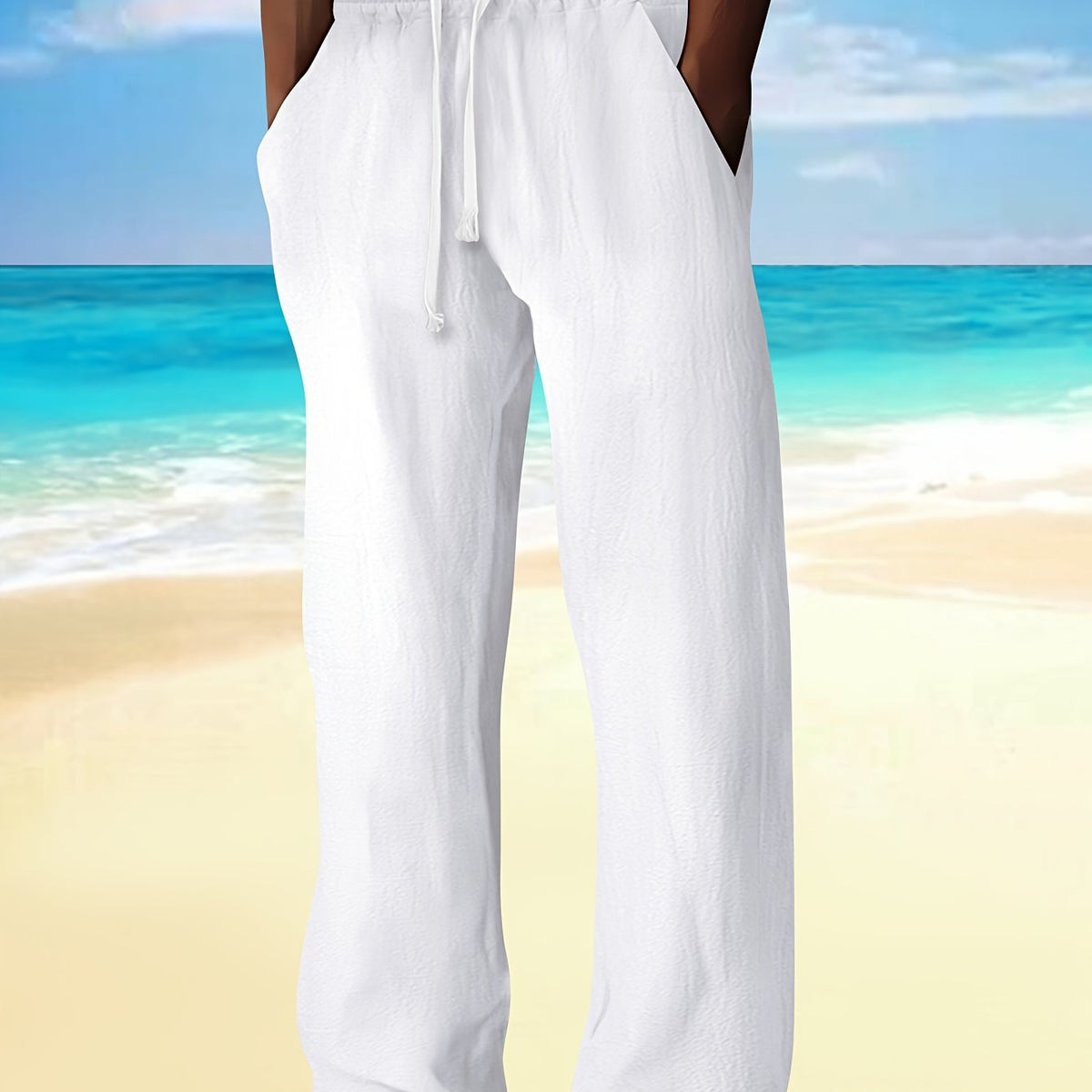 Pantalon droit aspect lin à cordon